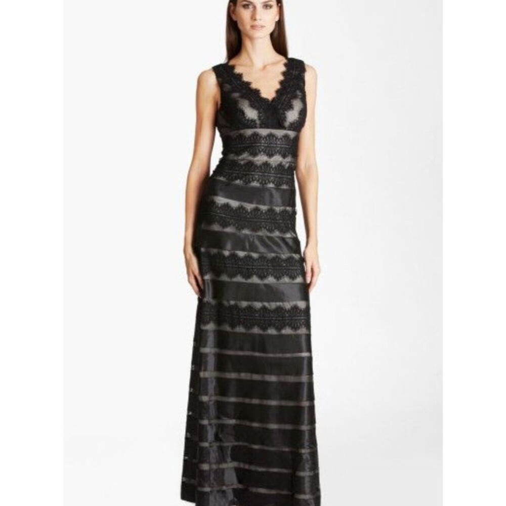 JS COLLECTIONS Black Satin Lace Mesh Layered Stripe Gown Maxi Dress Size 4